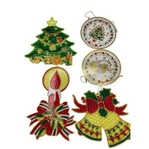 5 Vintage Christmas Plastic Stained Glass Suncatcher Window Decor Crystaline